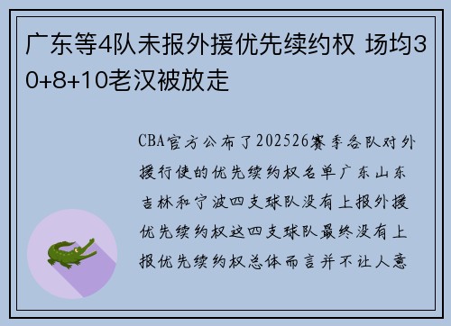 广东等4队未报外援优先续约权 场均30+8+10老汉被放走